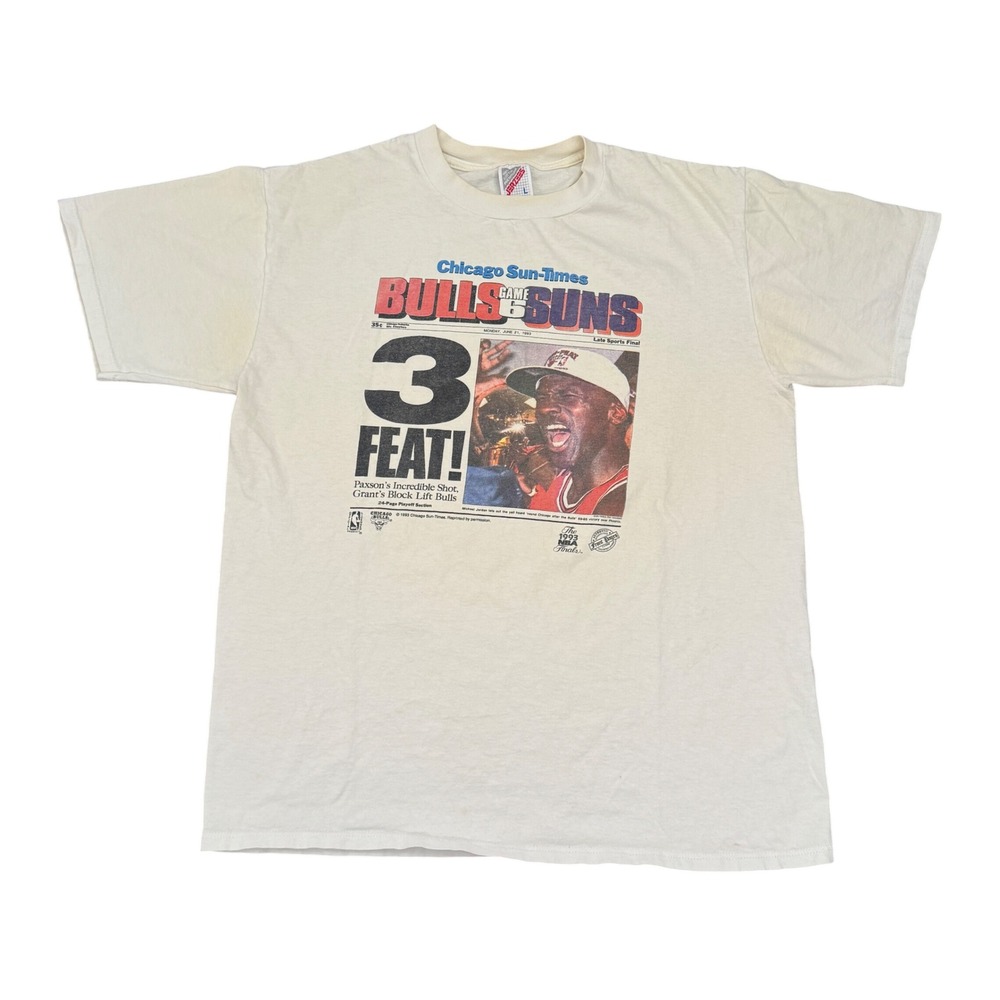 Vintage 1993 Chicago Bulls 3-Peat NBA Finals Jordan T-Shirt Mens Large Cream